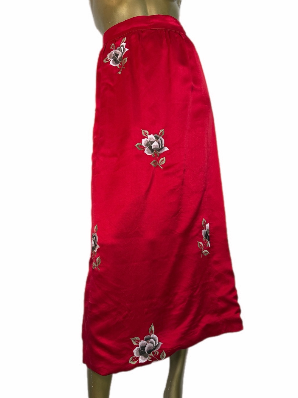 Custom Vintage Red Satin Silk Feel Embroidered Floral Midi Skirt 25” Waist